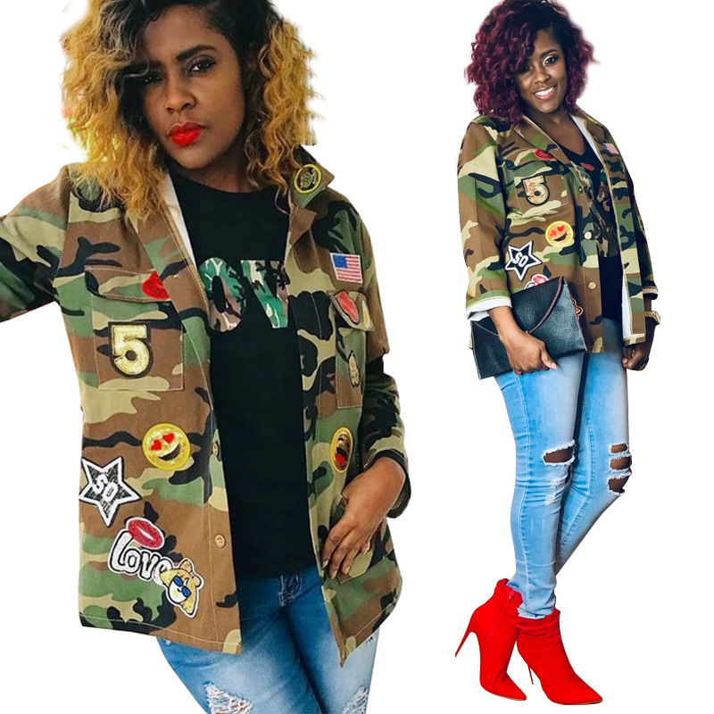 Camouflage Printing Applique Coat Long Sleeve Shir