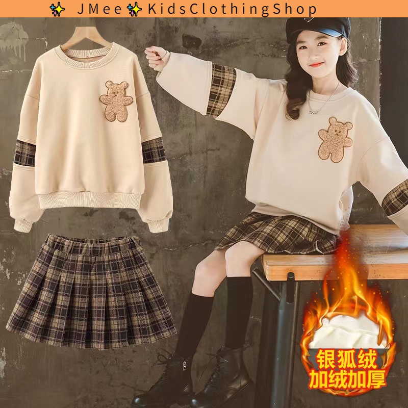 [Ready Stock] 3-14 Years Old girl autumn and winter sports suits plus velvet thick 2022 new Chinese 