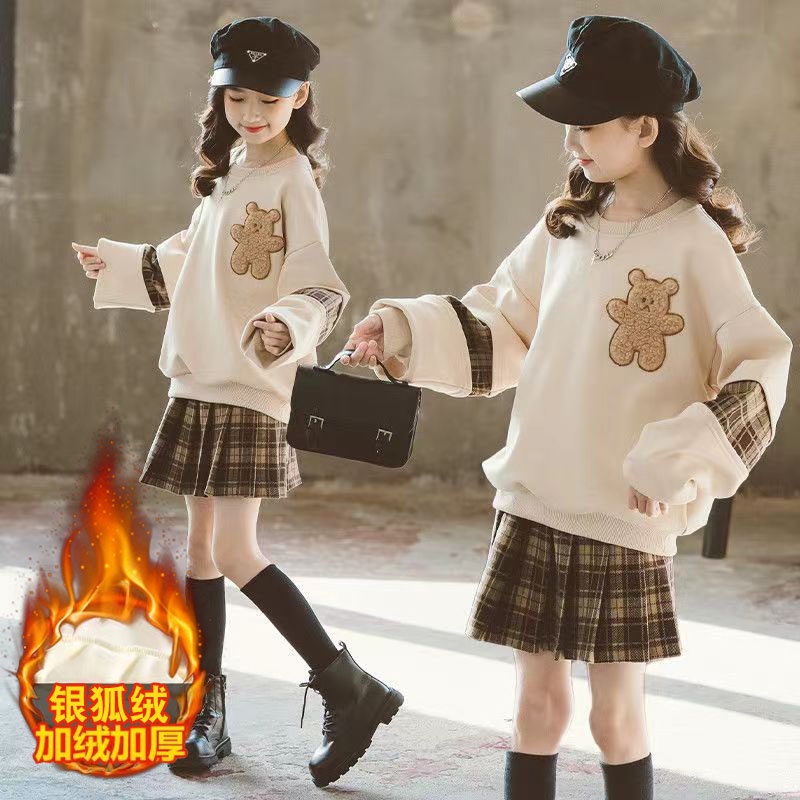 [Ready Stock] 3-14 Years Old girl autumn and winter sports suits plus velvet thick 2022 new Chinese 