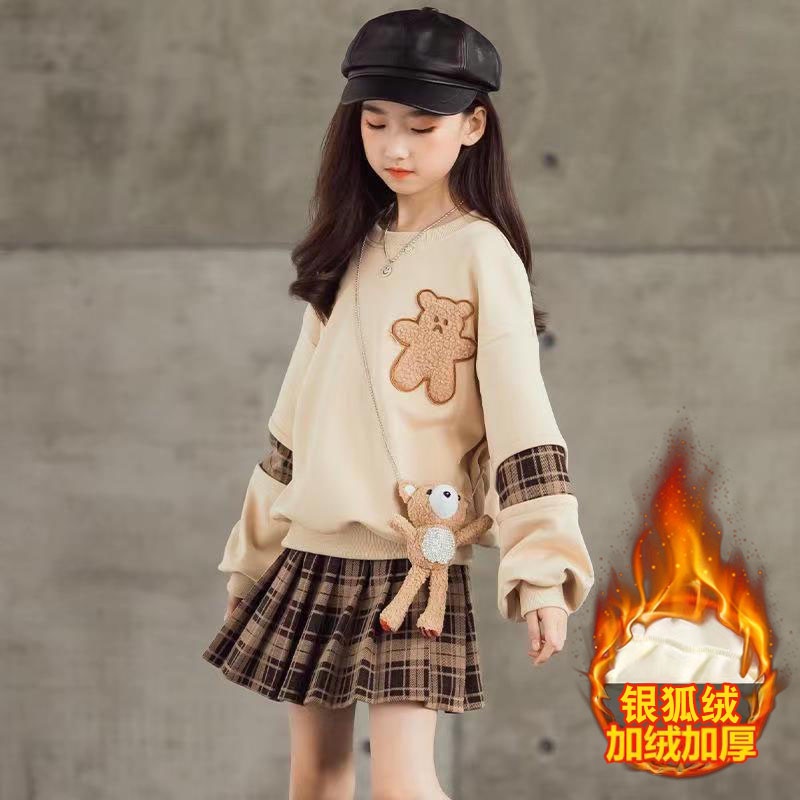 [Ready Stock] 3-14 Years Old girl autumn and winter sports suits plus velvet thick 2022 new Chinese 