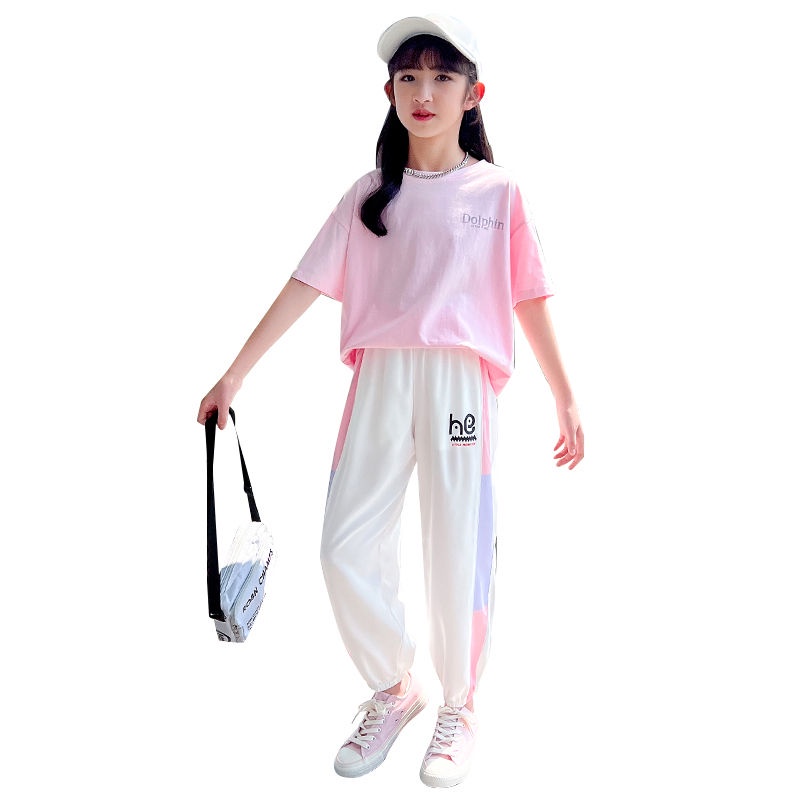 Girls Sports Suit 2023 Fashionable Children Trendy Short-Sleeved Casual Children's Clothing Medium B