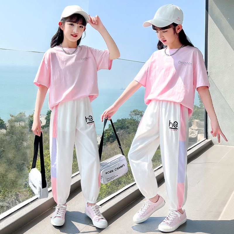 Girls Sports Suit 2023 Fashionable Children Trendy Short-Sleeved Casual Children's Clothing Medium B