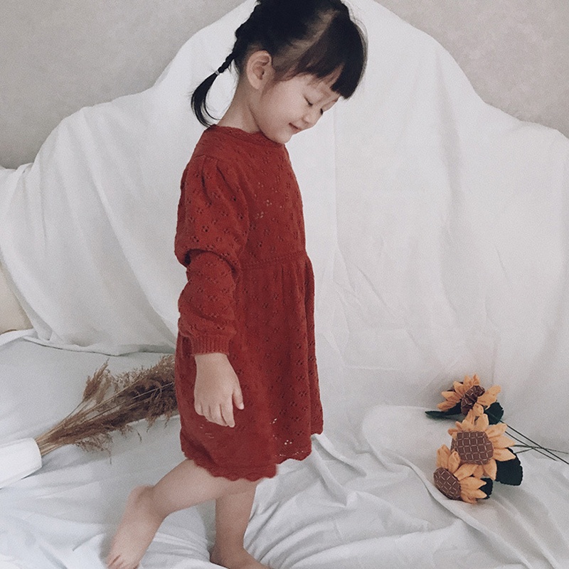 Kid Girls Princess dresses long sleeve hollow cott