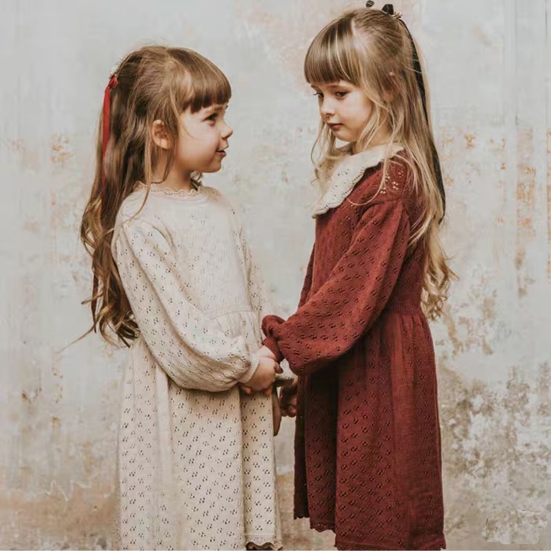 Kid Girls Princess dresses long sleeve hollow cott
