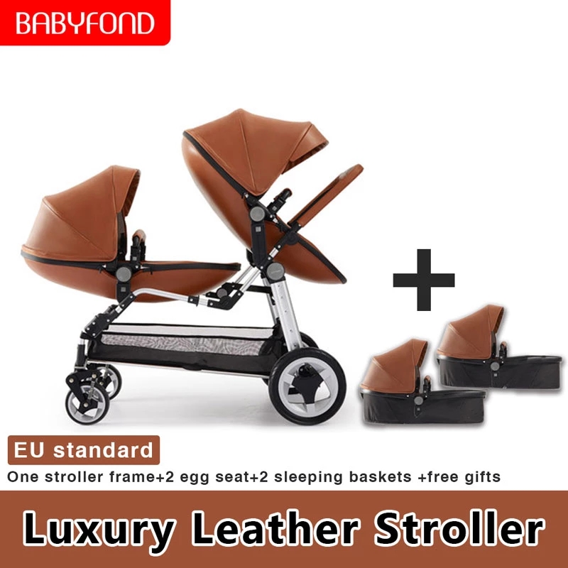 Babyfond Hot Selling PU leather Double Shell Folding Stroller Lightweight luxury Twin Stroller + Sea