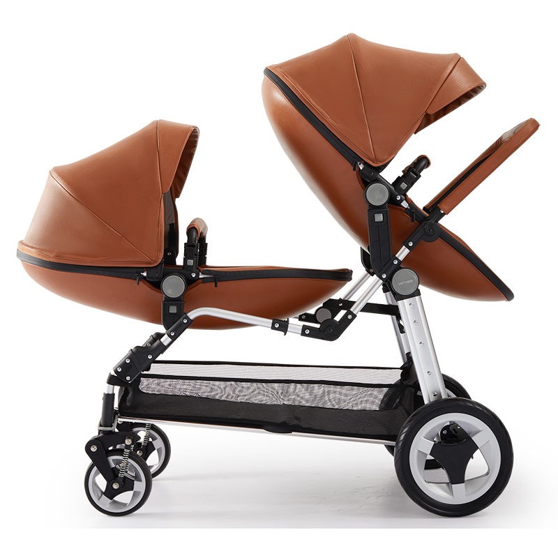 Babyfond Hot Selling PU leather Double Shell Folding Stroller Lightweight luxury Twin Stroller + Sea