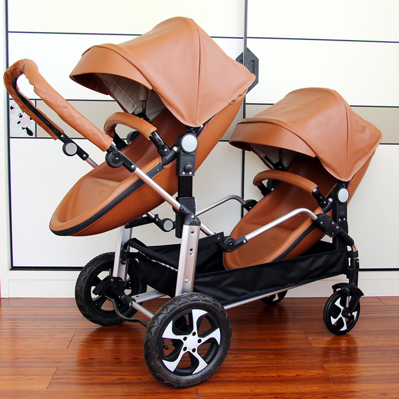 Babyfond Hot Selling PU leather Double Shell Folding Stroller Lightweight luxury Twin Stroller + Sea