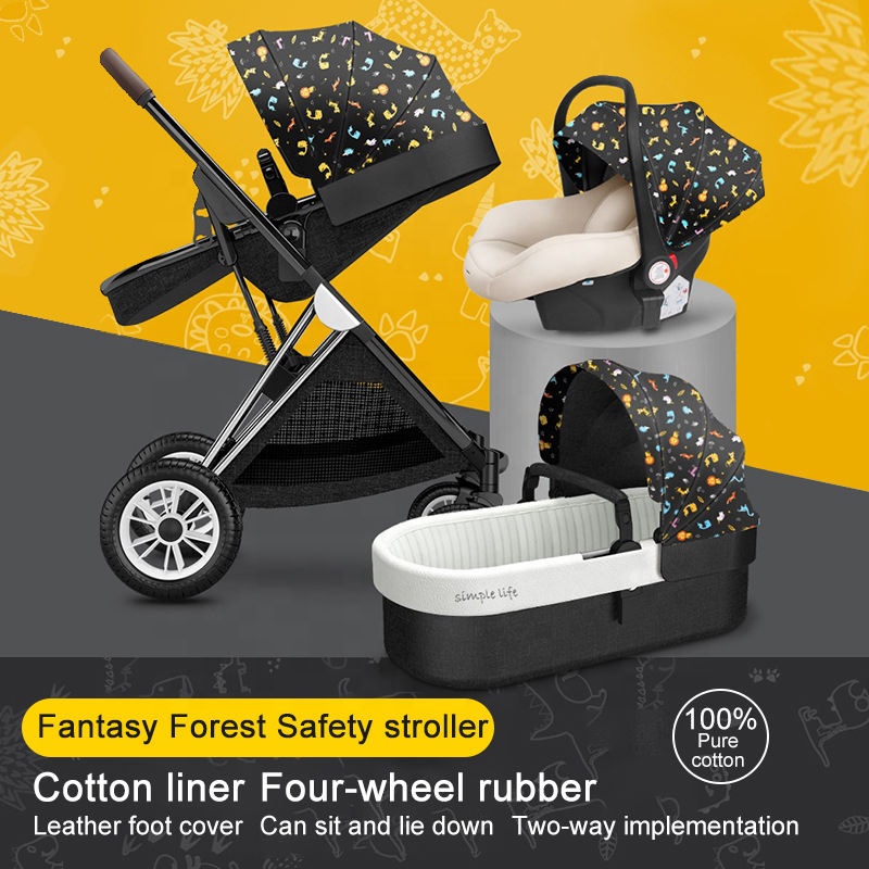 3 in 1 Baby Stroller High landscape Light Folding Pram Can Sit Can Lie Ultra-light Portable 4 Wheel 