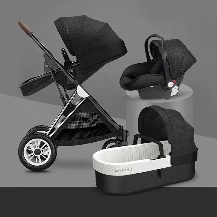 3 in 1 Baby Stroller High landscape Light Folding Pram Can Sit Can Lie Ultra-light Portable 4 Wheel 