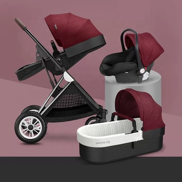 3 in 1 Baby Stroller High landscape Light Folding Pram Can Sit Can Lie Ultra-light Portable 4 Wheel 