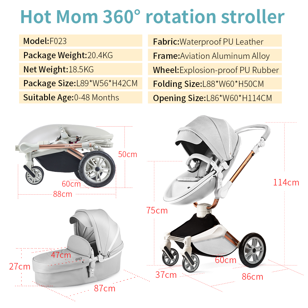Hot Mom 360 Rotation Baby Stroller Wheelchair Accessories 3 In 1 Pram with Bassinet and Car Seat