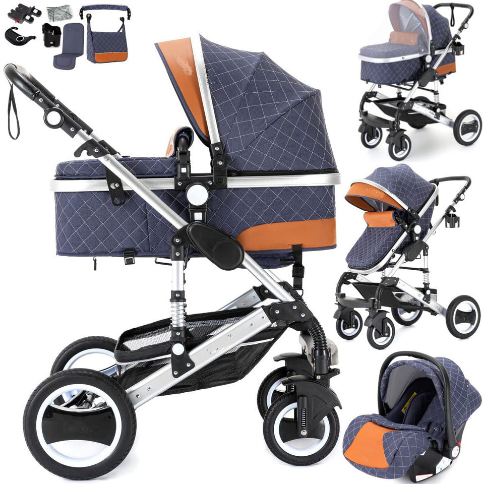 Pram Giant Set 15-Piece Combination Pushchair Baby Carrycot Buggy Baby Seat Stroller 3-in-1 , Alumin