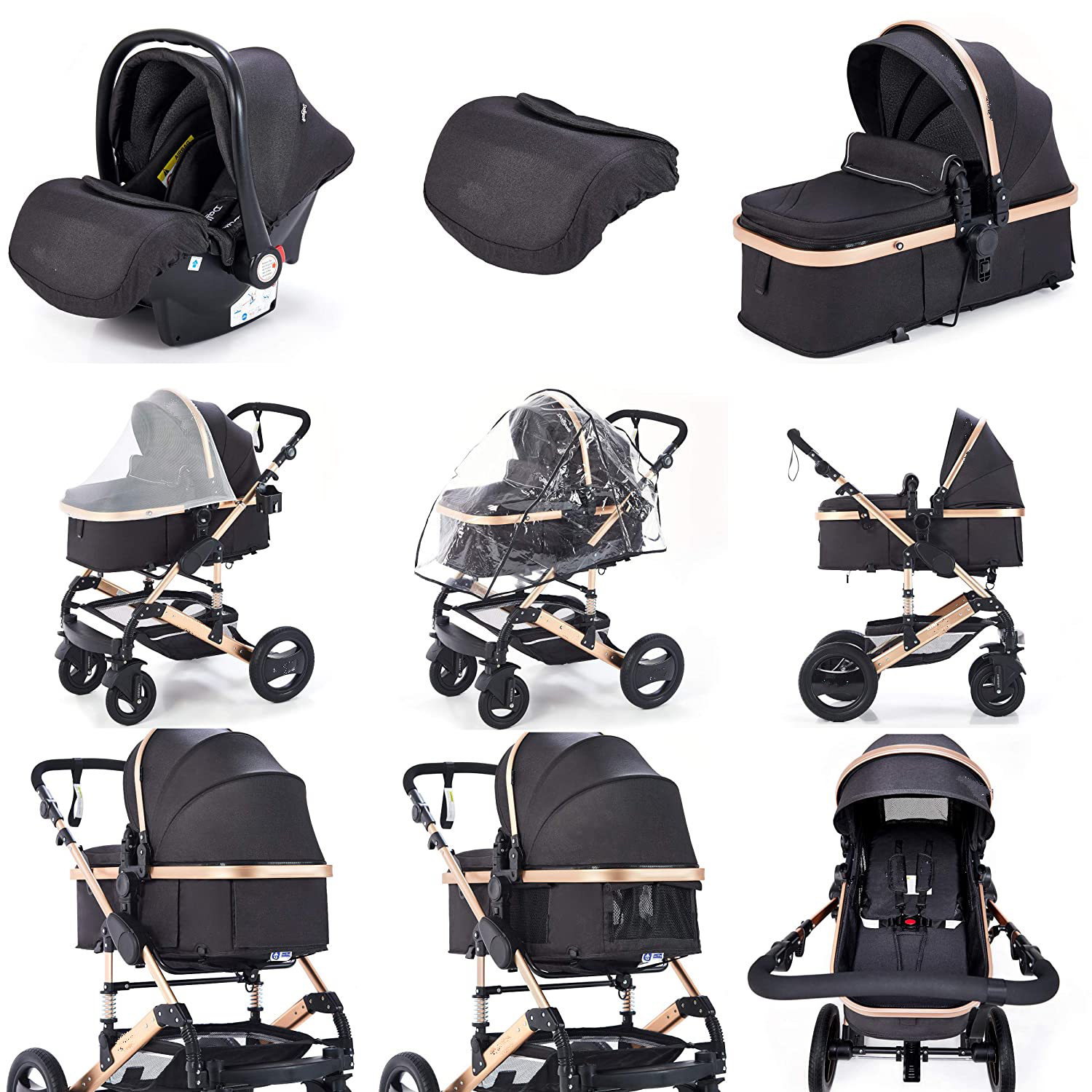 Pram Giant Set 15-Piece Combination Pushchair Baby Carrycot Buggy Baby Seat Stroller 3-in-1 , Alumin