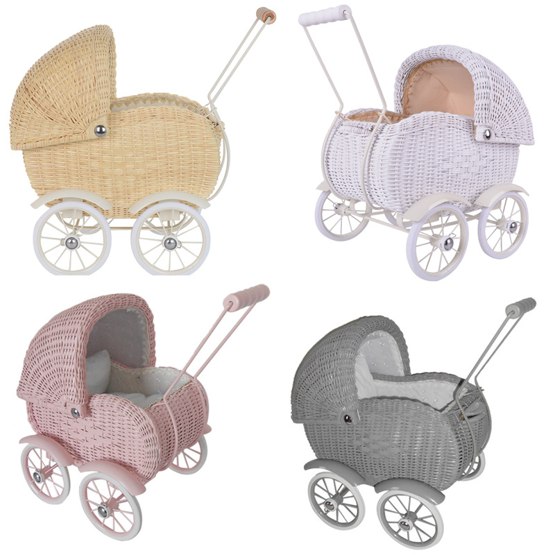 Baby Walker Doll Wicker Stroller Buggy Carriage Rattan Doll Pram With Wheels Kids Room Decoration Re
