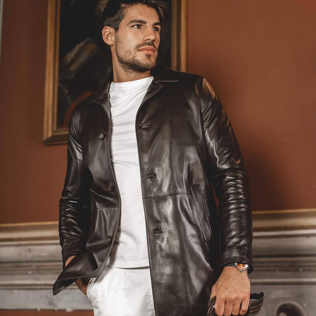 Made in Italy black leather coat for men OEM service high quality 100% Italian real leather jacket w