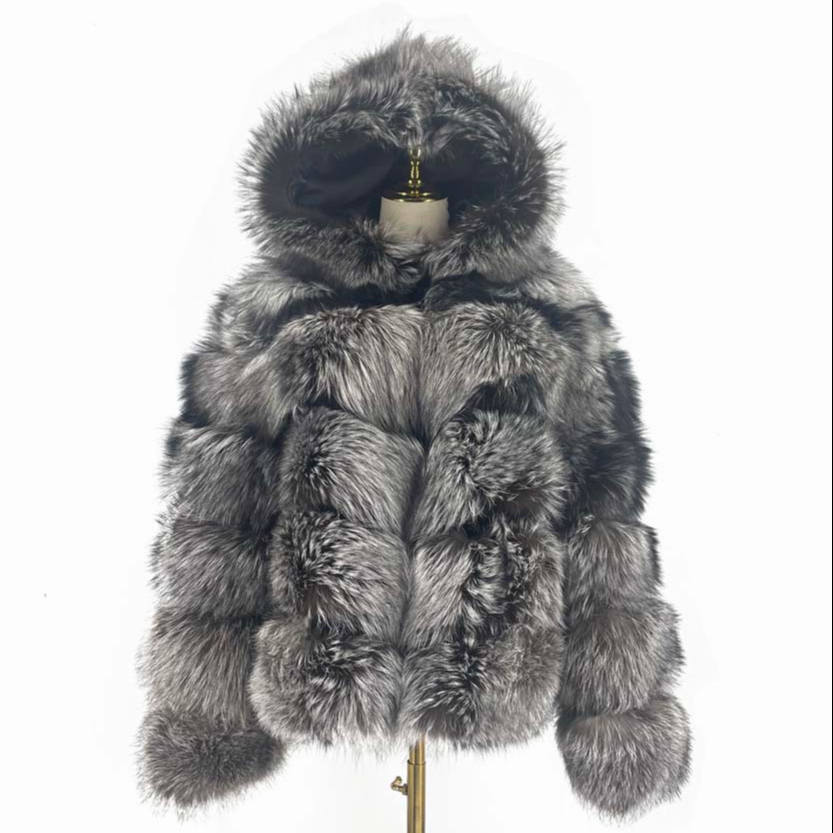 QIUCHEN-QC8143 winter mens real silver fox fur jacket with fur hood luxury thick hoodies plus size c
