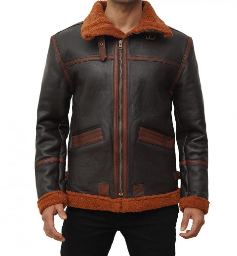 Aviator Pilot B3 RAF WW bomber Flight Jacket shearling Dark Brown  leather jacket for Men Winter War