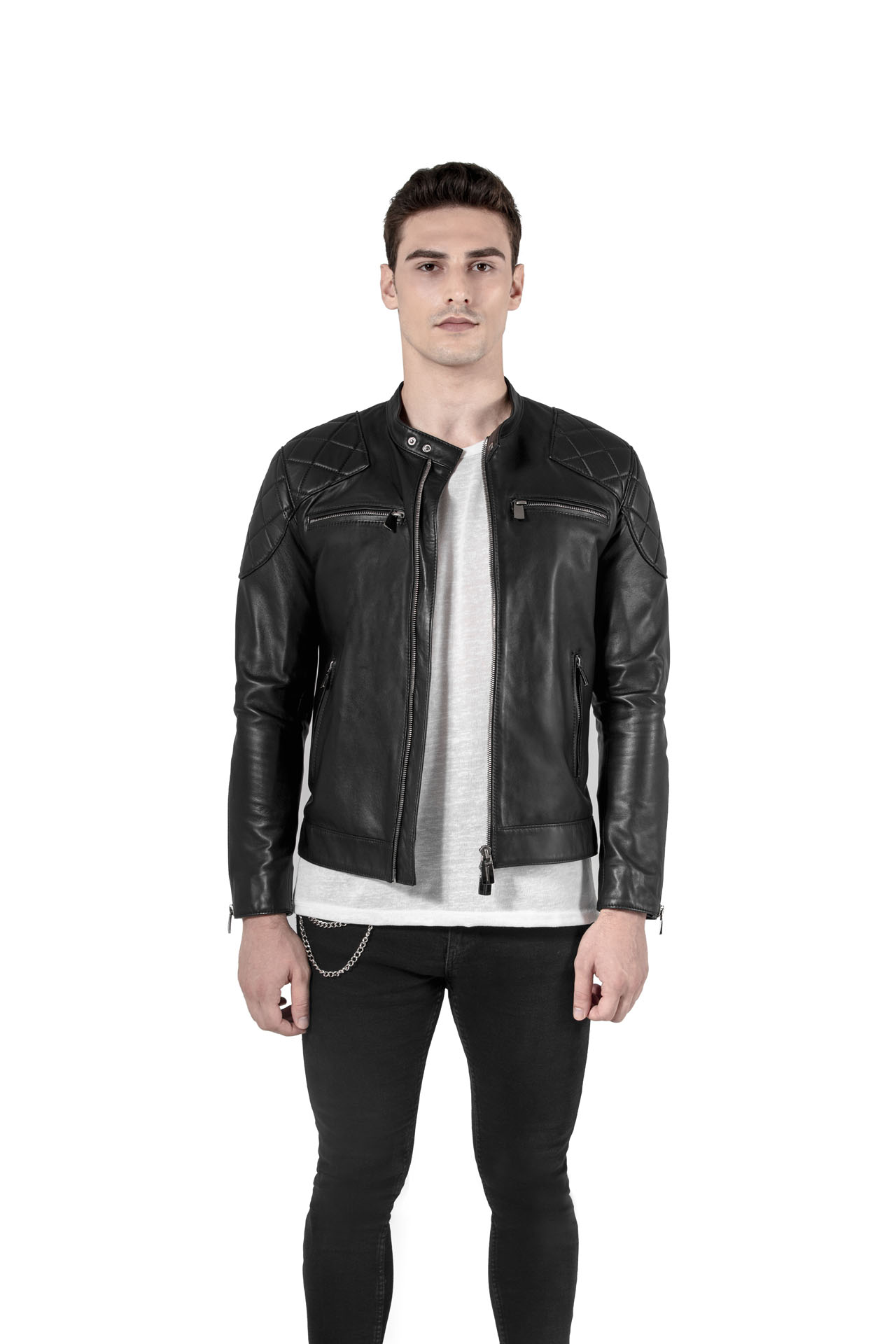Shoulders Patch Design Genuine Leather Jacket For Men