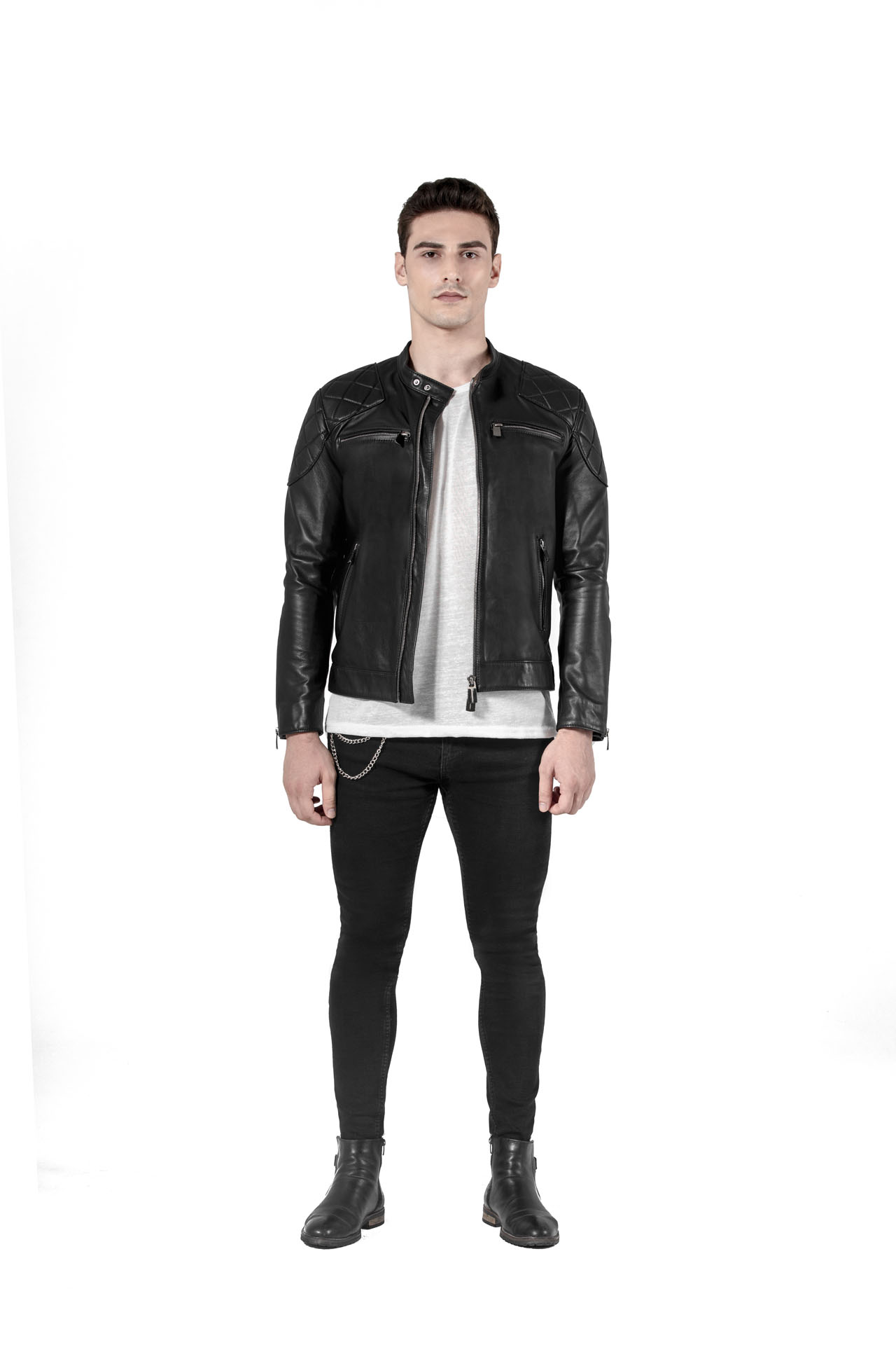 Shoulders Patch Design Genuine Leather Jacket For Men