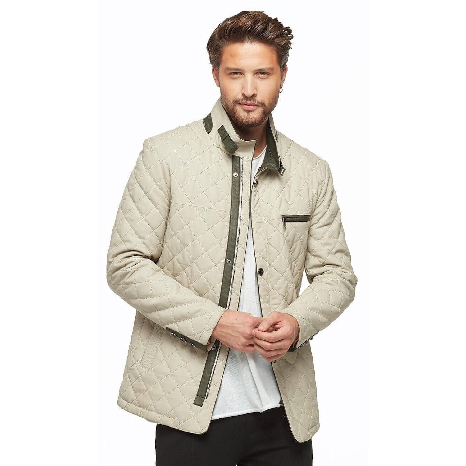 Men Genuine Leather Jacket Deriza Beige First Class Quality Lambskin Handmade Quilted Zip Closure Re