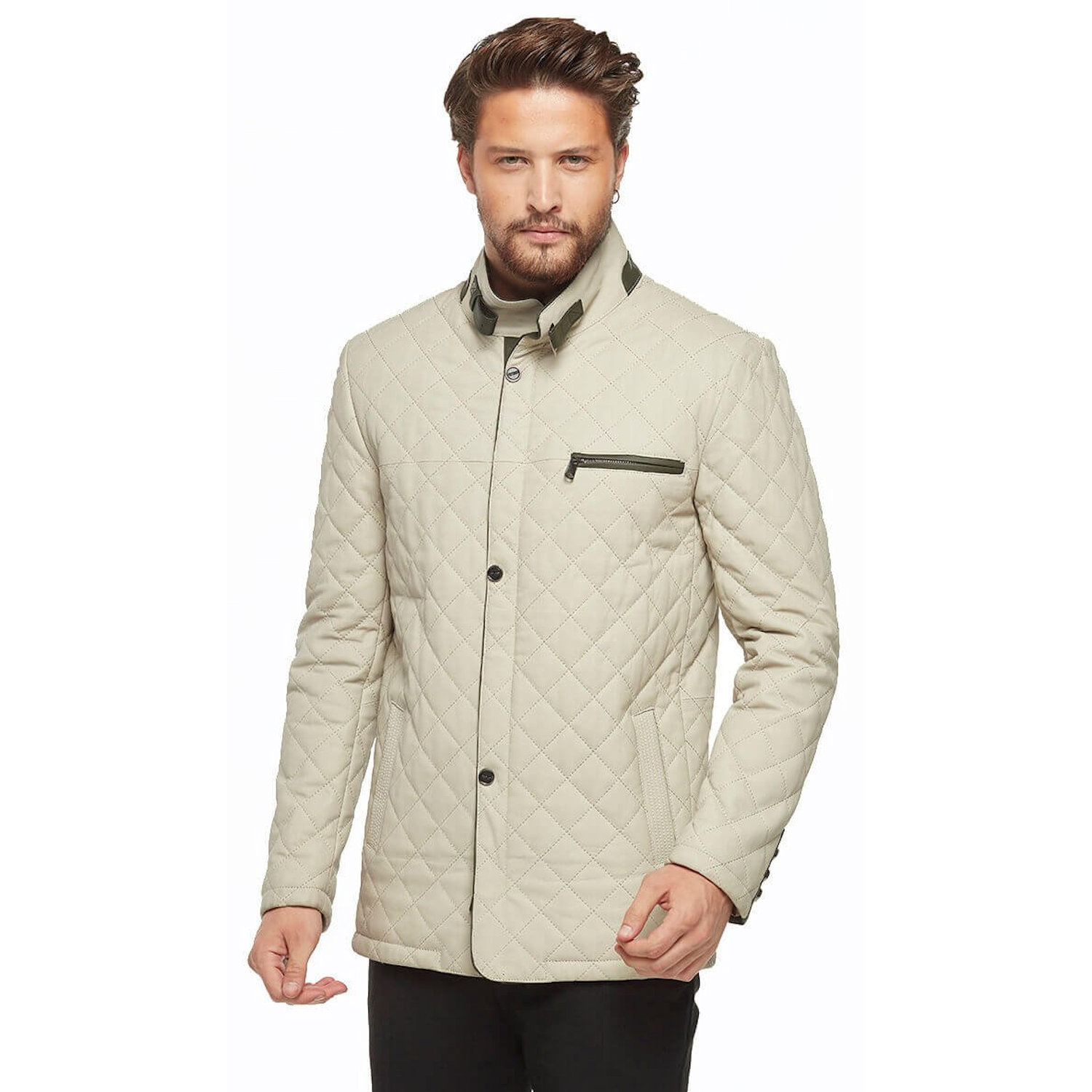 Men Genuine Leather Jacket Deriza Beige First Class Quality Lambskin Handmade Quilted Zip Closure Re