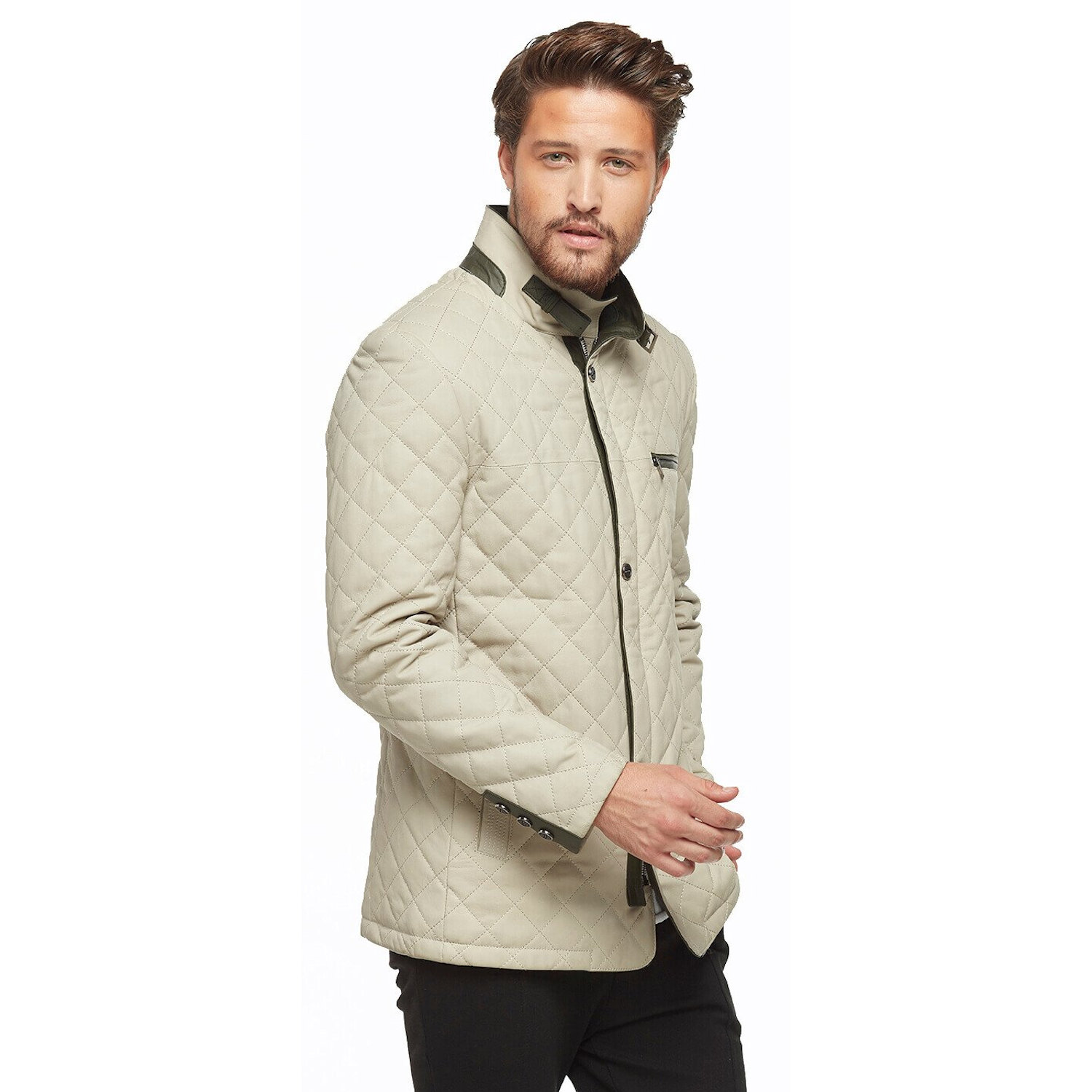 Men Genuine Leather Jacket Deriza Beige First Class Quality Lambskin Handmade Quilted Zip Closure Re