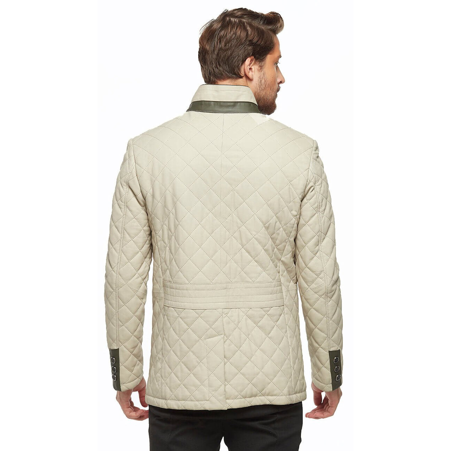 Men Genuine Leather Jacket Deriza Beige First Class Quality Lambskin Handmade Quilted Zip Closure Re