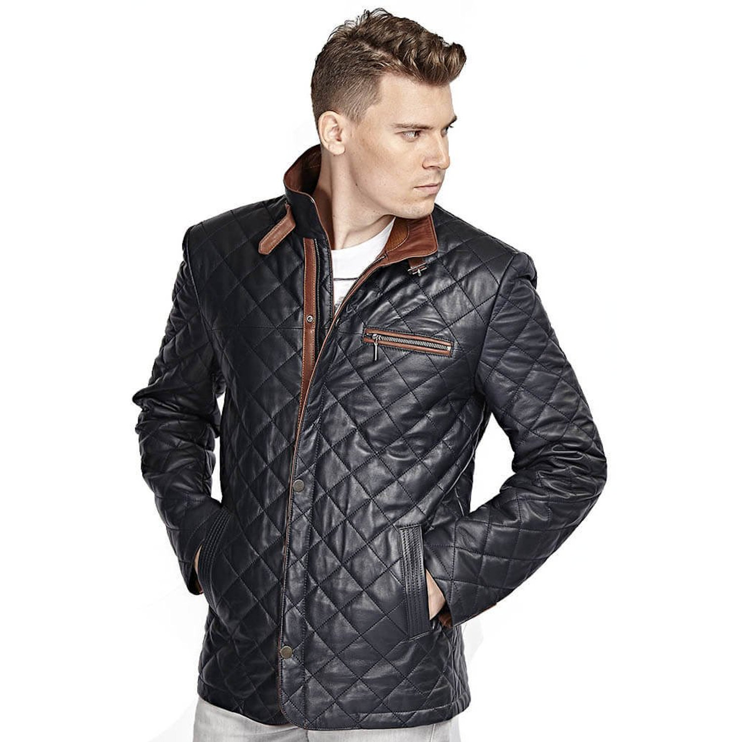 Men Genuine Leather Jacket Deriza Beige First Class Quality Lambskin Handmade Quilted Zip Closure Re