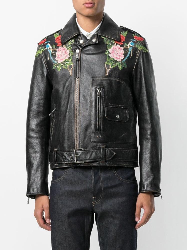 2021 Men's New Fashion Design Black Angry Cat Embroidered Leather jacket With Top Quality Material