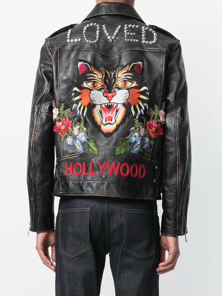 2021 Men's New Fashion Design Black Angry Cat Embroidered Leather jacket With Top Quality Material