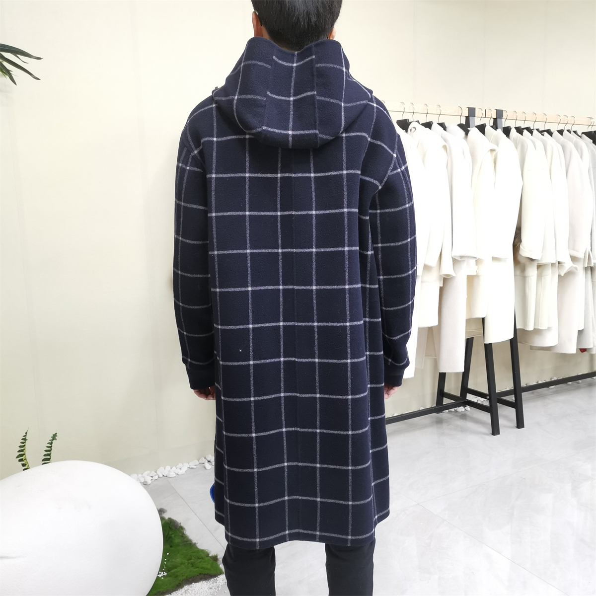Zeqing 2020 spring new Plaid zipper hooded 100% wool casual elegant men's double-sided tweed coat