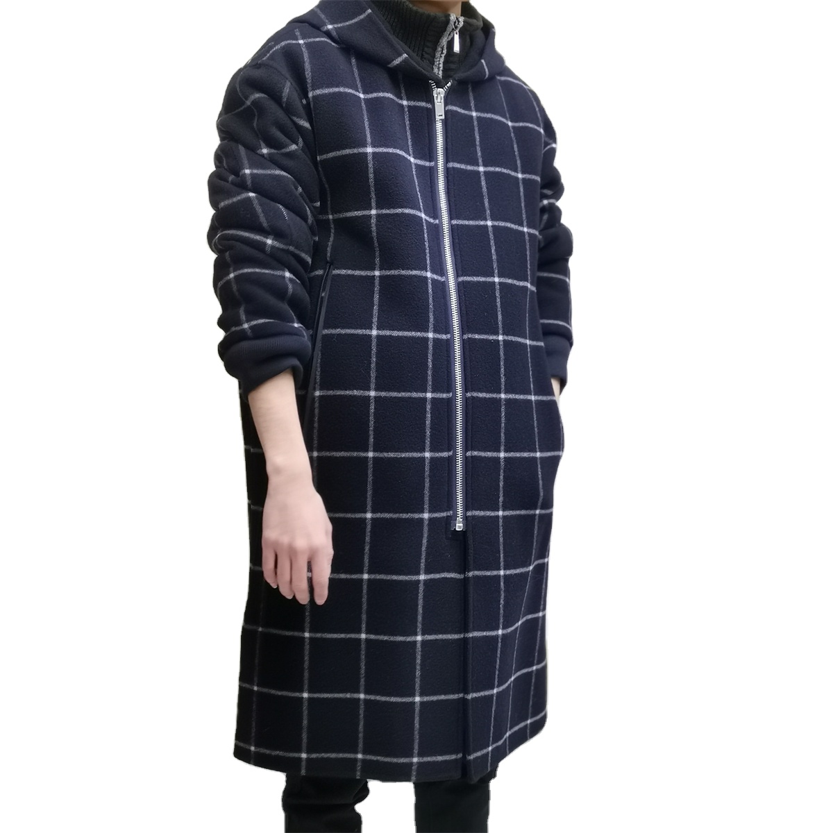 Zeqing 2020 spring new Plaid zipper hooded 100% wool casual elegant men's double-sided tweed coat