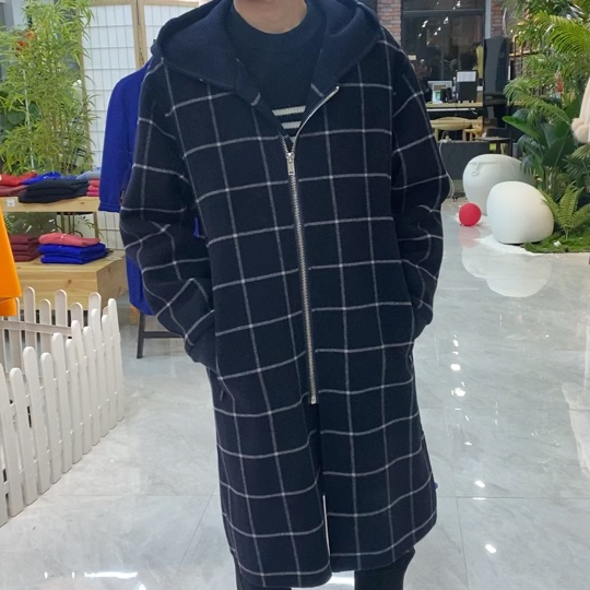 Zeqing 2020 spring new Plaid zipper hooded 100% wool casual elegant men's double-sided tweed coat