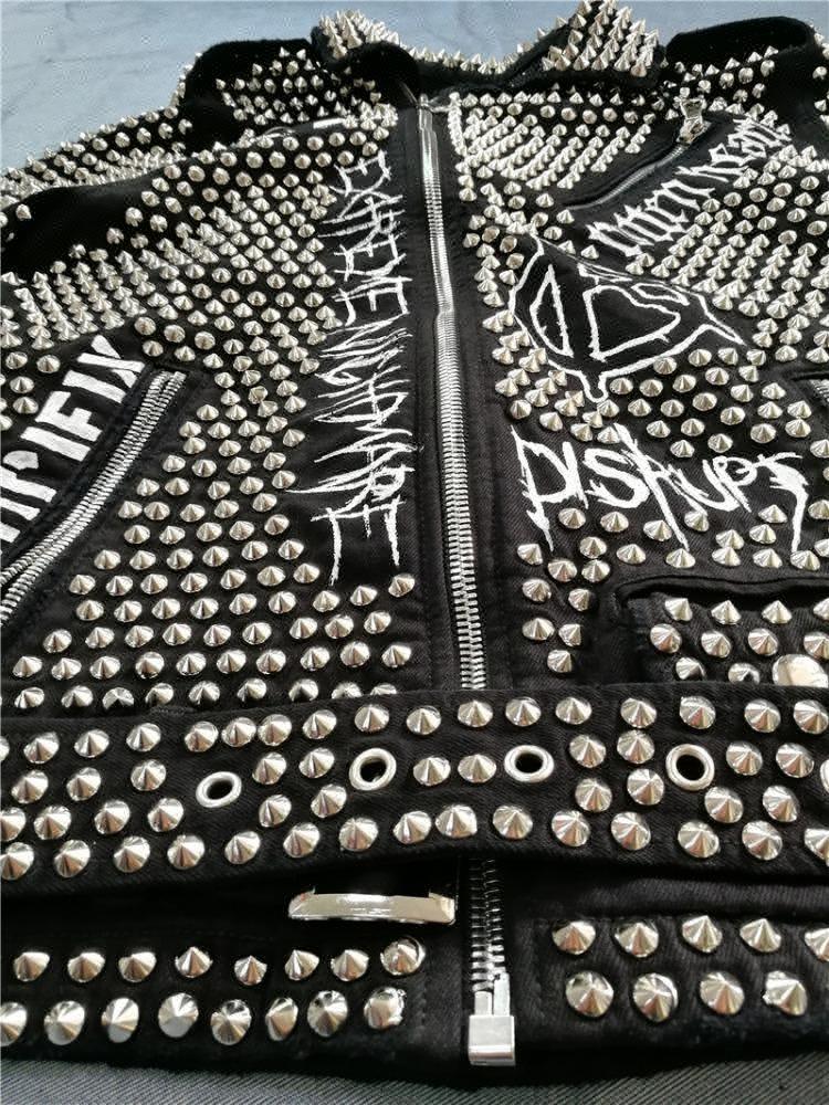 Royal wolf pearl metallic luxury denim jacket rock hip hop studded denim jacket