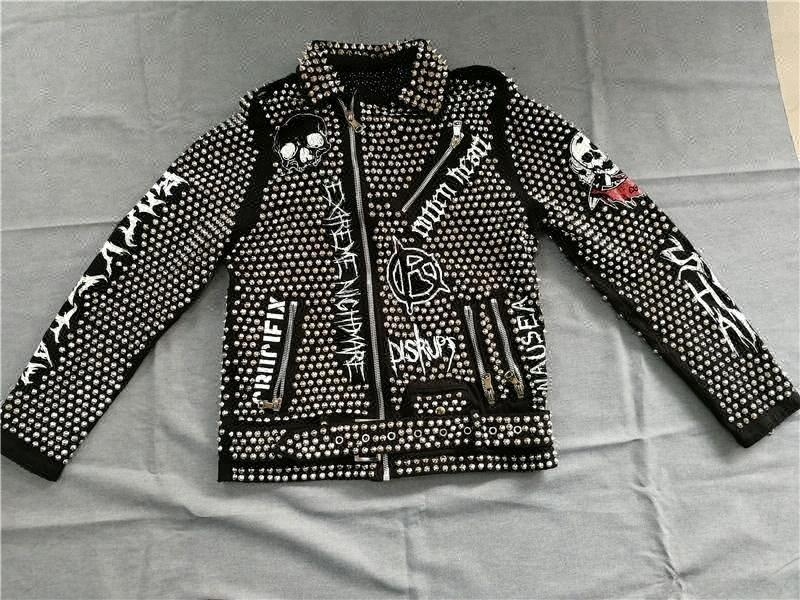 Royal wolf pearl metallic luxury denim jacket rock hip hop studded denim jacket