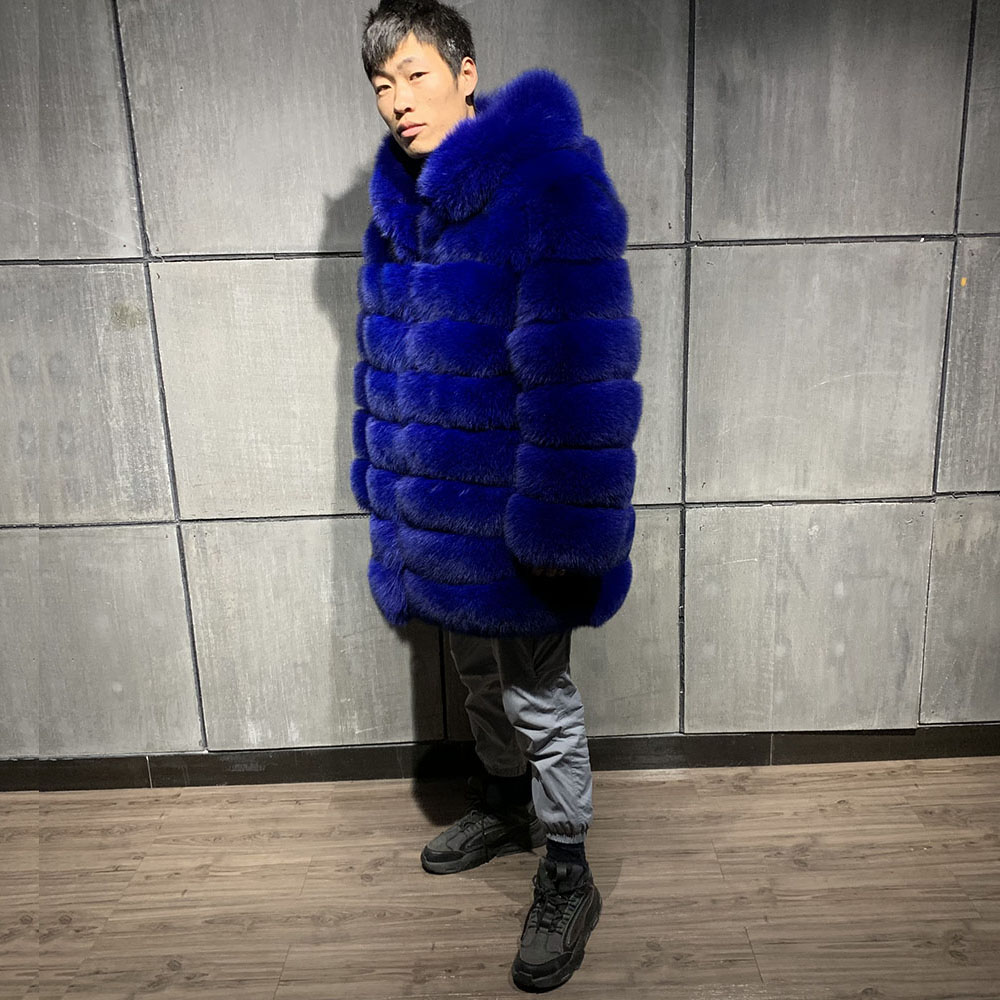 Hooded Real Fox Fur Coats For Men Winter Warm Men Fur Long Coat