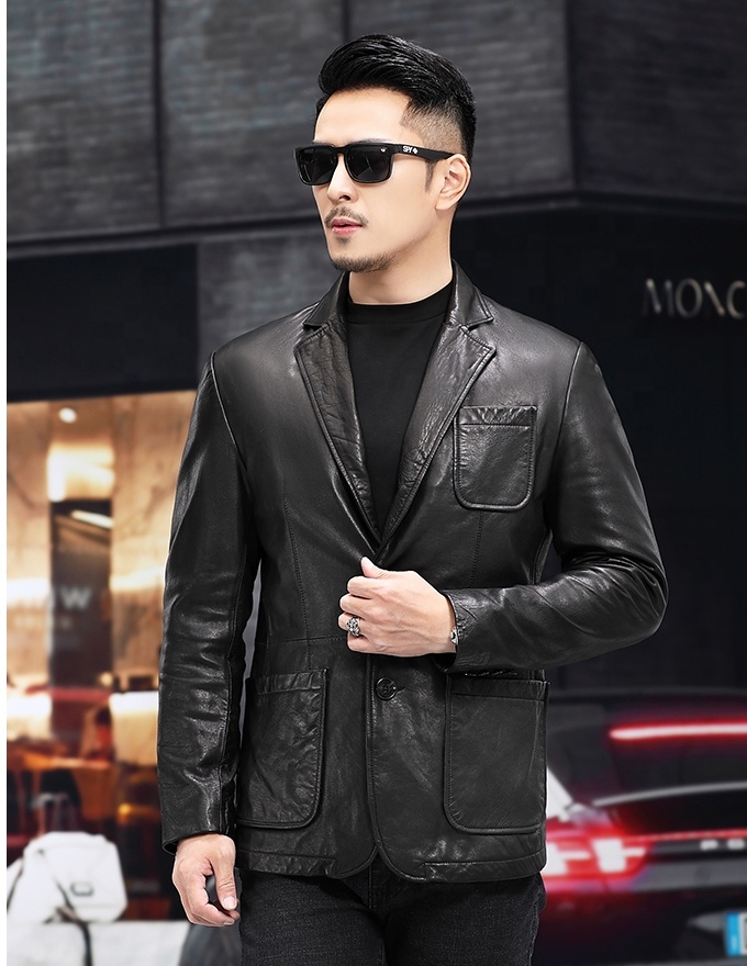 OEM Leather men's blazers leather jacket sheepskin clothes business casual paraffin skin jacket