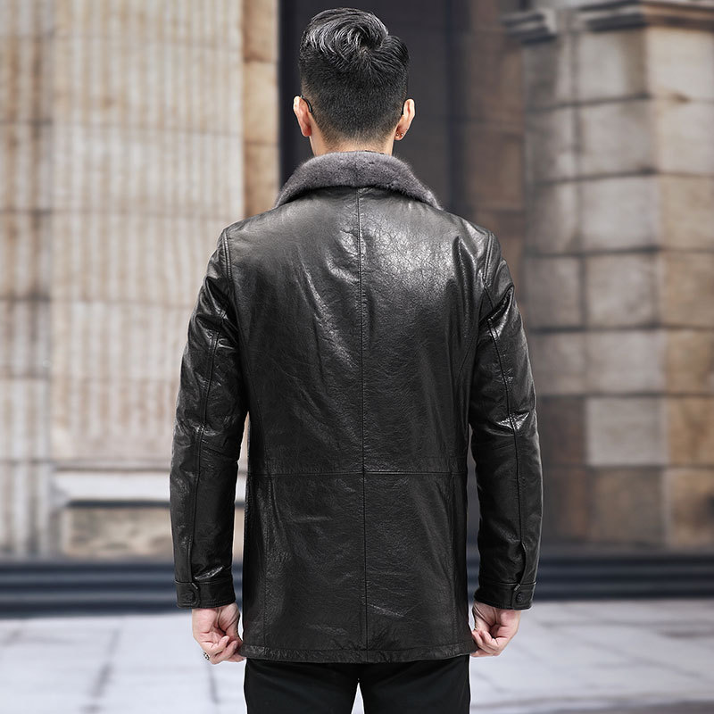 WT8266 Autumn and winter new long cowhide leather leather men's mink lapel slim and thick warm