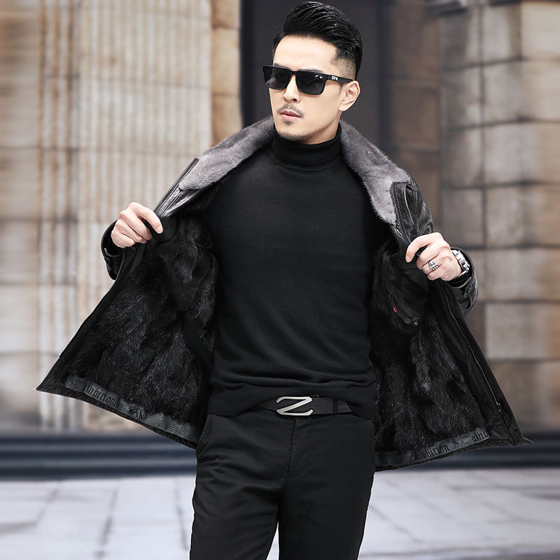 WT8266 Autumn and winter new long cowhide leather leather men's mink lapel slim and thick warm
