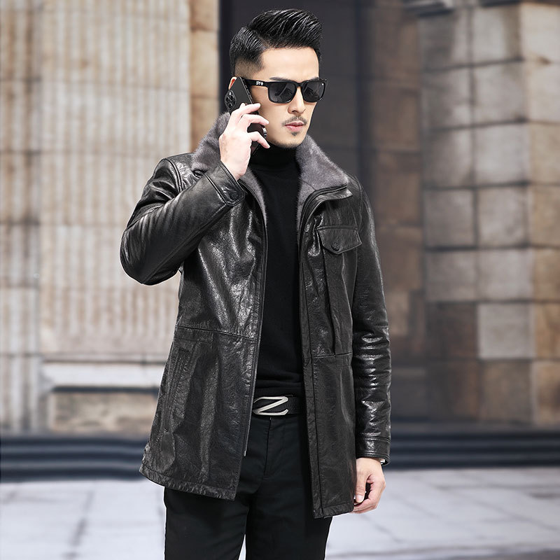 WT8266 Autumn and winter new long cowhide leather leather men's mink lapel slim and thick warm