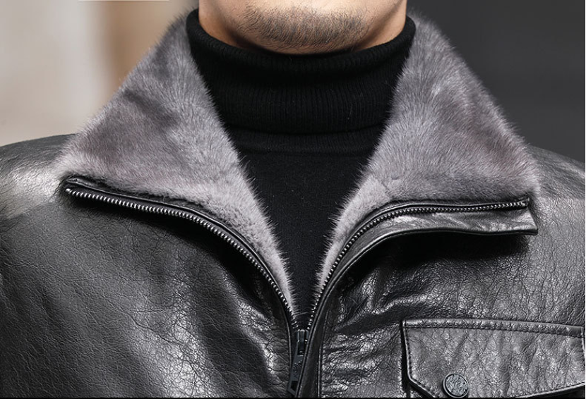 WT8266 Autumn and winter new long cowhide leather leather men's mink lapel slim and thick warm