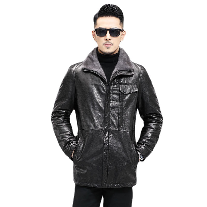 WT8266 Autumn and winter new long cowhide leather leather men's mink lapel slim and thick warm