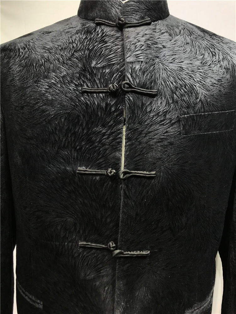 Tailor made Chinese style suit mao style chinese style stand collar men suit black print tuxedos chi