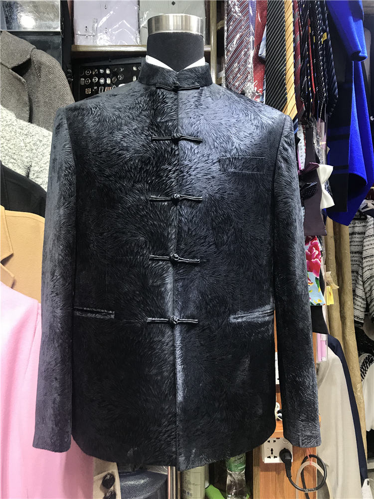 Tailor made Chinese style suit mao style chinese style stand collar men suit black print tuxedos chi