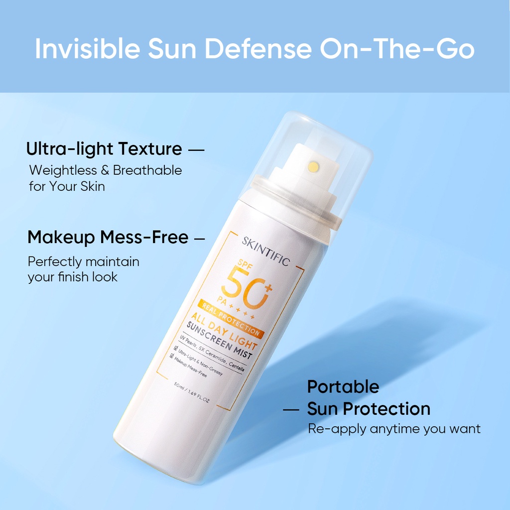 [Ready Stock] SKINTIFIC All Day Light Sunscreen Mist SPF50 PA++++ Whitening Sunblock Spray Anti UV F