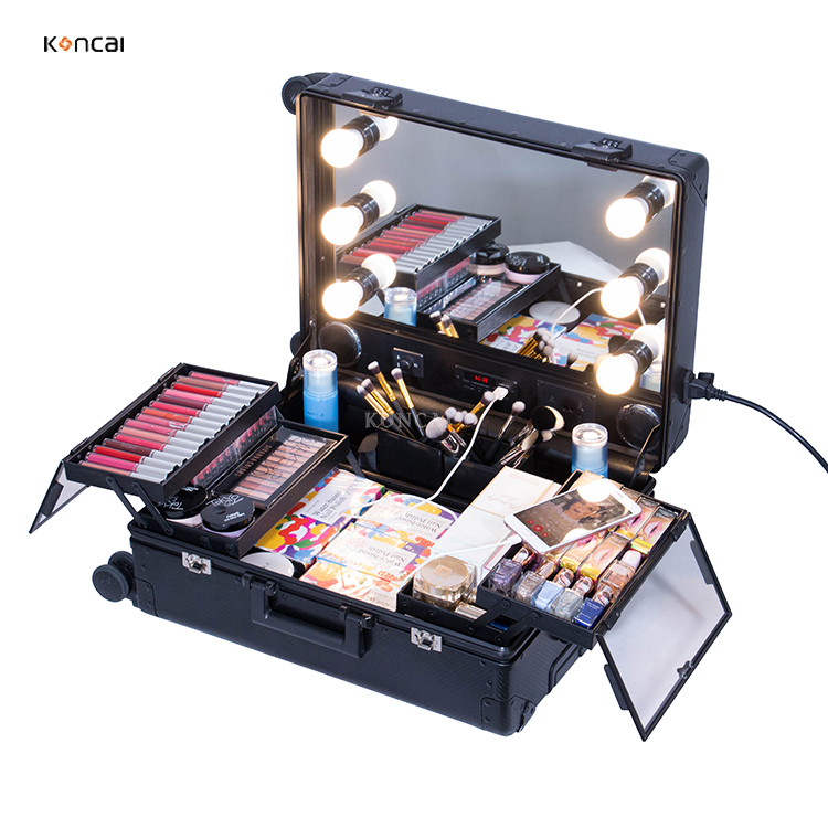 high quality makeup travel rolling carry case cosmetic beauty trolley suitcase with lights makeup ta