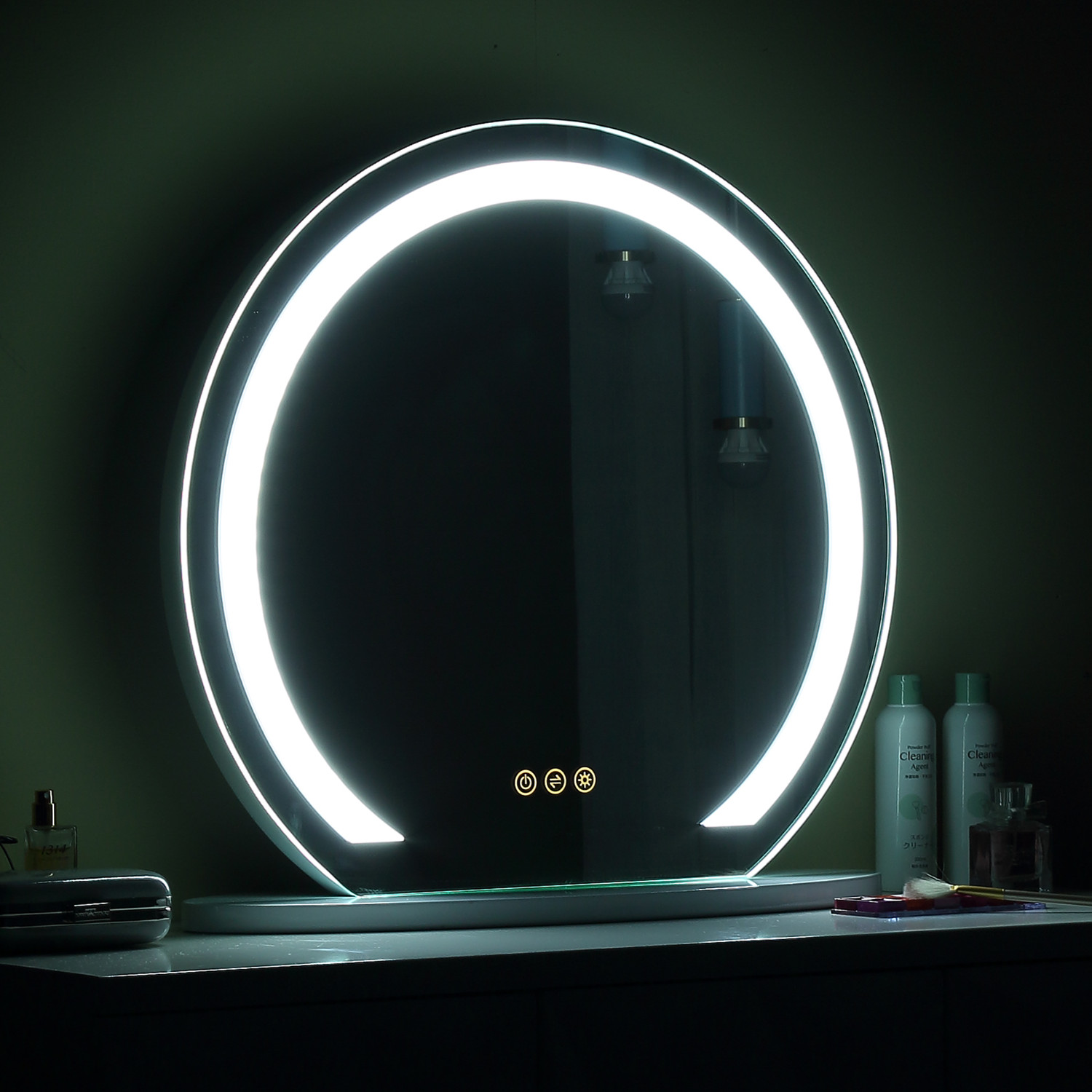 ILLUMIR Modern Smart Round Wood Illuminated Table Makeup Mirror Lighted Cosmetic Led Vanity Mirror F