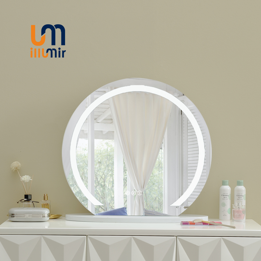 ILLUMIR Modern Smart Round Wood Illuminated Table Makeup Mirror Lighted Cosmetic Led Vanity Mirror F