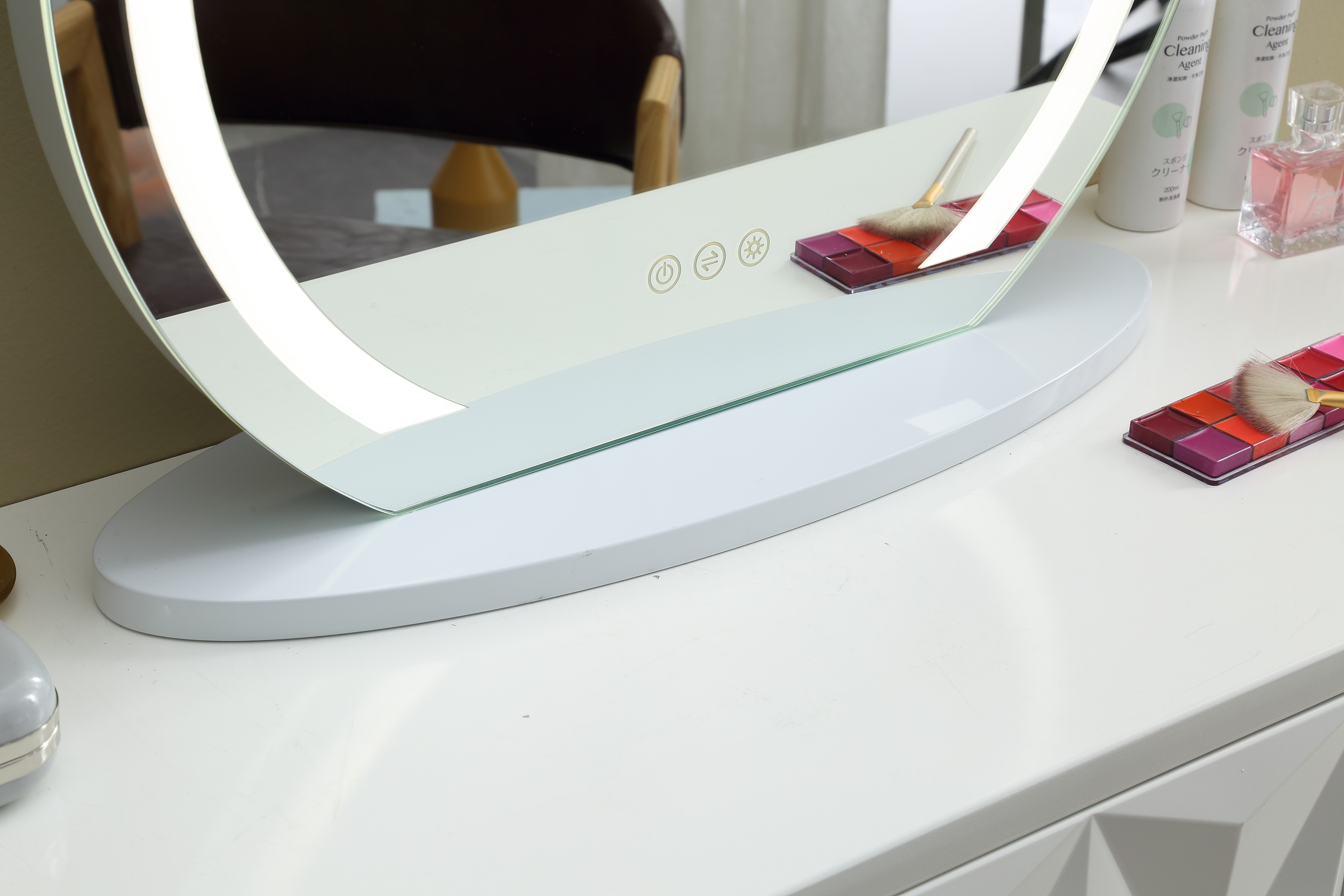 ILLUMIR Modern Smart Round Wood Illuminated Table Makeup Mirror Lighted Cosmetic Led Vanity Mirror F