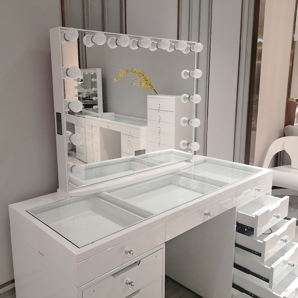 Stock in US! Docarelife 13 Drawers Vanity Hollywood Girl Dressing Table with Lighted Mirror for Cosm
